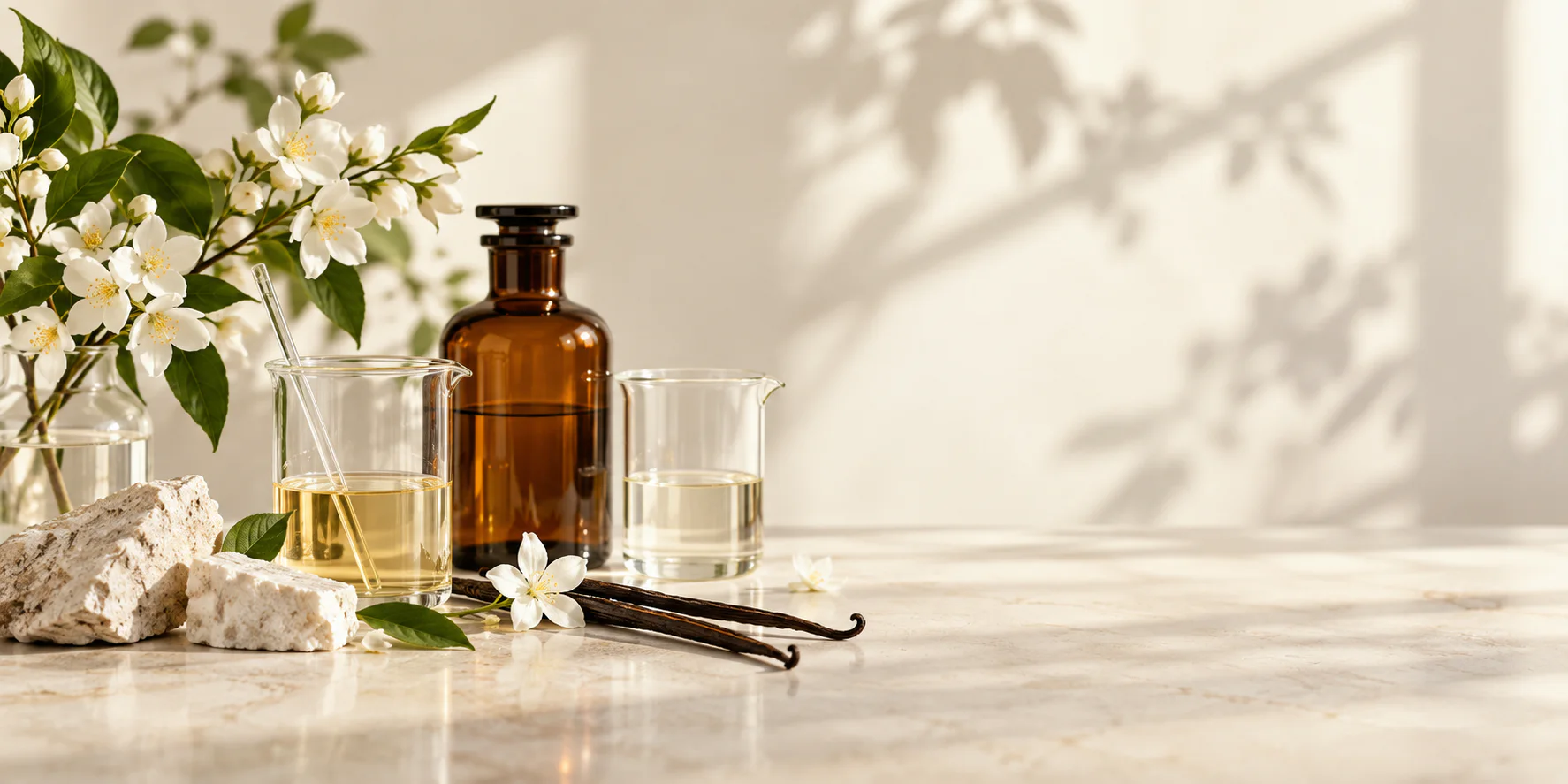 Perfumer workbench with botanicals